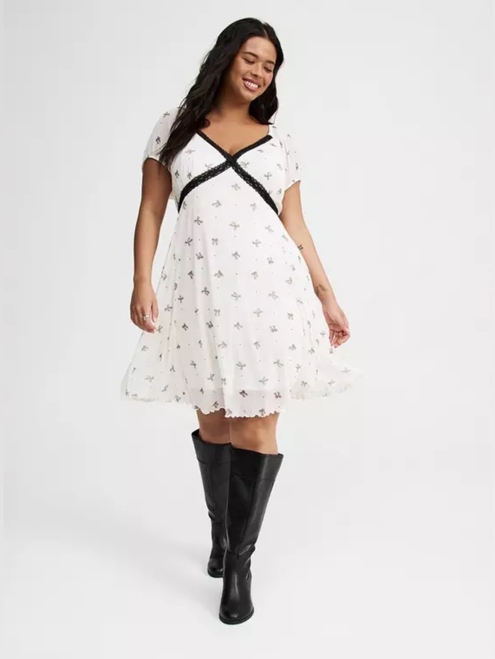 Torrid Dottie Bows Whisper White Mesh Mini Dress Black Lace Size 2 (2X)